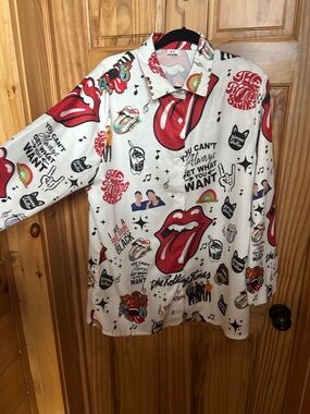 The Rolling Stones Kids White Graphic Button-Up Shirt with Red Tongue Print